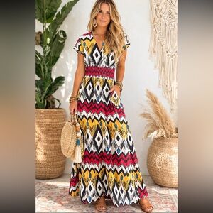 J. Peterman Colorful Tropical Aztec Print Maxi Dress Sz 12 Flowy Boho Vaction